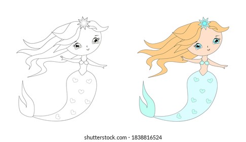 Mermaid with long hair. Vector illustration. Coloring book for children.