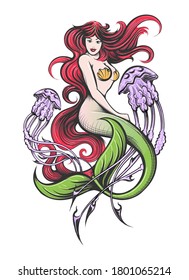 Mermaid With Long Red hair with Two Purple Jellyfishes Tattoo. vector illustration.