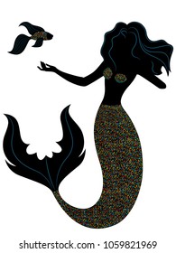 Mermaid with long scales fish tail and fish, cartoon color vector illustration