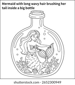 A mermaid with long wavy hair brushing her tail inside a big bottle, coral and seashells at her feet