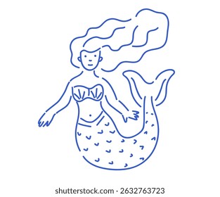 Mermaid with long wavy hair and seashell top. Hand-drawn blue line art illustration isolated on white background