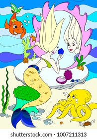 mermaid looks in the mirror color book for children cartoon vector illustration. Underwater world, octopus, fairy tale, fish, princess friends, mirror.