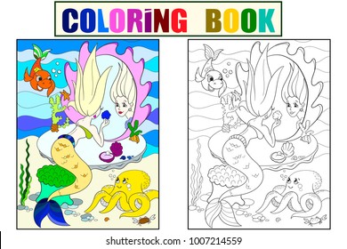 mermaid looks in the mirror coloring book for children cartoon vector illustration. Underwater world, octopus, fairy tale, fish, princess friends, mirror. Color, Black and white