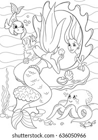 mermaid looks in the mirror coloring book for children cartoon vector illustration. Black and white underwater world, octopus, fairy tale, fish, princess friends, mirror