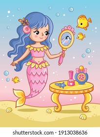 The mermaid looks in the mirror near the table among the fish underwater. Vector illustration in cartoon style.