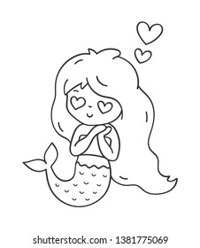 Mermaid in love. Cute cartoon character for emoji, sticker, pin, patch, badge. Vector outline illustration.