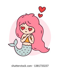 Mermaid in love with heart eyes. Cute cartoon character for emoji, sticker, pin, patch, badge. Vector illustration.