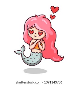 Mermaid in love with hearts eyes. Kawaii cartoon character. Vector illustration.