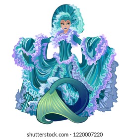 Mermaid with luxurious dress isolated on white background. Beautiful underwater fairytale characters with the human body and fish tail. Vector cartoon close-up illustration.