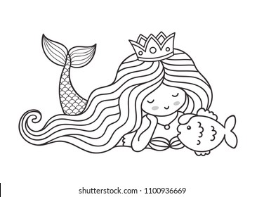Mermaid lying on the seabed, with cute little fish. Princess. Cartoon personage for coloring book. Outline vector illustration.