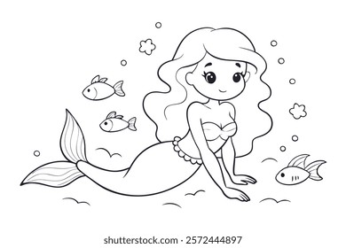 Mermaid Lying on the Seabed with Cute Little Fish – Magical Underwater Scene
