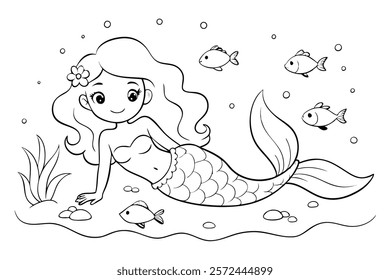 Mermaid Lying on the Seabed with Cute Little Fish – Magical Underwater Scene
