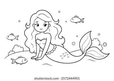 Mermaid Lying on the Seabed with Cute Little Fish – Magical Underwater Scene
