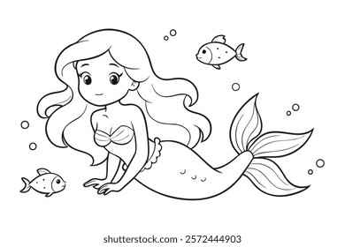 Mermaid Lying on the Seabed with Cute Little Fish – Magical Underwater Scene
