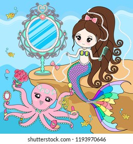 Mermaid with magic mirror Squid is served