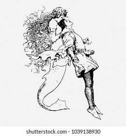 Mermaid with a man hand drawn ink sketch stock vector illustration. Vector art