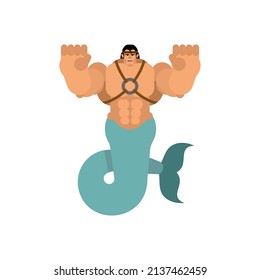 Mermaid man isolated. Strong underwater inhabitants. Vector illustration