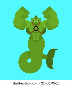 Mermaid man isolated. Strong underwater inhabitants. Vector illustration