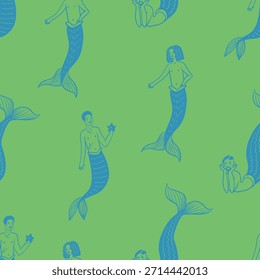 Mermaid man ocean fantasy pattern with sea creatures vector seamless nautical illustration design.