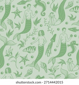 Mermaid man ocean fantasy pattern with sea creatures vector seamless nautical illustration design.