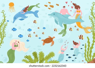 Carácter de sirvienta en el mar, vida submarina en el océano, ilustración vectorial. Caricatura de una chica mítica en agua azul con un animal de pescado.