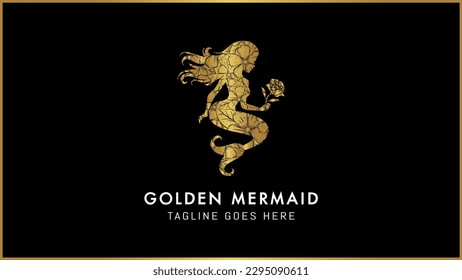 Mermaid mandala ornament vector logo. Golden Mermaid icon in Zen boho style. Gold Mermaid cut with flower pattern. Flower Ethnic drawing.