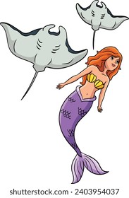 Mermaid with a Manta Ray Cartoon Colored Clipart 