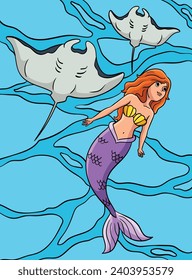 Mermaid with a Manta Ray Colored Cartoon 