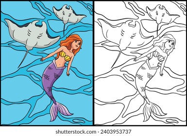 Mermaid with Manta Ray Coloring Page Illustration