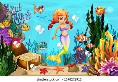 Mermaid and many fish under the ocean illustration