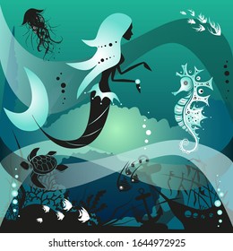 Mermaid and marine creatures underwater life scene. Dream contest. Vector illustration.