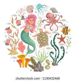 Mermaid, marine plants and animals. Collection decorative design elements. Cartoon sea flora and fauna in watercolor style. Isolated objects on white background. Vector illustration 