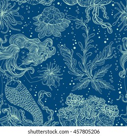 Mermaid, marine plants, corals and seaweed. Vintage seamless pattern with hand drawn marine flora. Vector illustration in line art style.Design for summer beach, decorations.