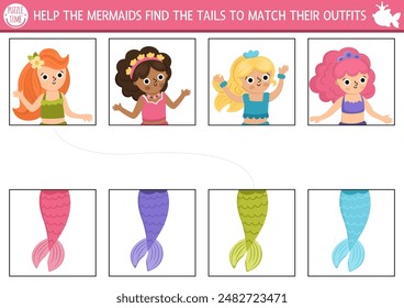 Mermaid matching activity with colored tail. Marine puzzle with sea princess. Match heads and tails game. Ocean kingdom printable worksheet. Fairytale logical match up page
