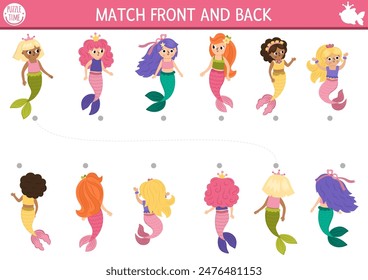 Mermaid matching activity with front and back mirror view. Marine puzzle with sea princess reflections. Match the objects game. Ocean kingdom printable worksheet. Fairytale logical match up page
