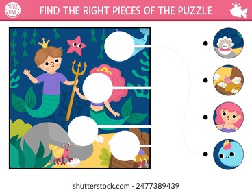 Mermaid matching activity with marine scene, sea prince, princess. Fairytale ocean kingdom puzzle, game, printable worksheet. Water life match up page. Find missing parts of the picture
