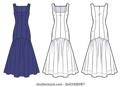 Mermaid maxi Dress technical fashion illustration. Evening Dress fashion flat technical drawing template, slim fit, square neck, back zipper, front and back view, white, navy blue; women CAD mockup.