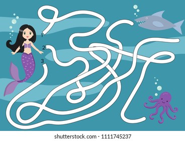 Mermaid maze game for children. Help mermaid find her friend octopus. Beware of the shark! Vector illustration
