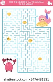 Mermaid maze for kids with crab with seashells. Marine preschool printable activity. Fairytale ocean kingdom geometrical labyrinth game, puzzle. Water life worksheet with sea princess
