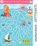 Mermaid maze for kids with lagoon landscape. Marine preschool printable activity. Fairytale ocean kingdom labyrinth game, puzzle. Worksheet with octopus searching his way to sea princess
