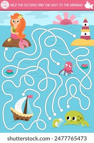 Mermaid maze for kids with lagoon landscape. Marine preschool printable activity. Fairytale ocean kingdom labyrinth game, puzzle. Worksheet with octopus searching his way to sea princess
