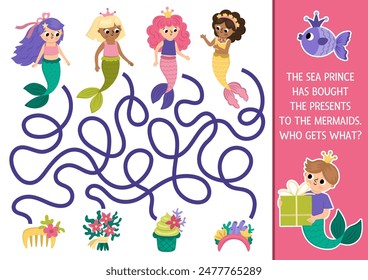 Mermaid maze for kids with price giving presents. Marine preschool printable activity. Fairytale ocean kingdom labyrinth game, puzzle. Water life worksheet with sea princess, headband, seaweeds
