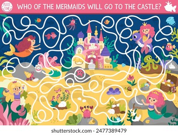 Mermaid maze for kids with sea bed landscape, princess, castle. Marine preschool printable activity. Fairytale ocean kingdom labyrinth game, puzzle. Worksheet with palace, treasure chest
