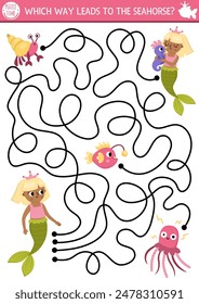 Mermaid maze for kids with seahorse, crab, fish, jellyfish. Marine preschool printable activity. Fairytale ocean kingdom labyrinth game, puzzle. Water life worksheet with sea princess and her pet
