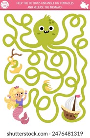 Mermaid maze for kids shaped as octopus tentacles with anchor, ship. Marine preschool printable activity. Fairytale ocean kingdom labyrinth game, puzzle. Water worksheet with sea princess
