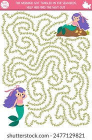 Mermaid maze for kids shaped as seaweeds. Marine preschool printable activity. Fairytale ocean kingdom labyrinth game, puzzle. Water worksheet with princess getting out the sea weeds
