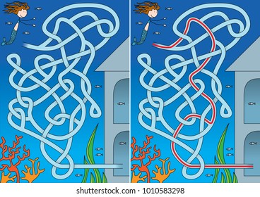 Mermaid maze for kids with a solution