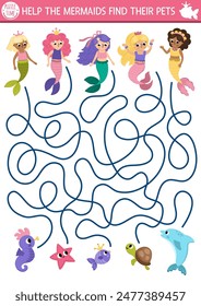 Mermaid maze for kids with their pet animals. Marine preschool printable activity. Fairytale ocean kingdom labyrinth game, puzzle. Water life worksheet with sea princess, turtle, dolphin
