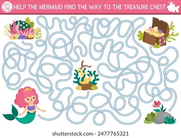 Mermaid maze for kids with treasure chest, seaweeds, anchor. Marine preschool printable activity. Fairytale ocean kingdom labyrinth game, puzzle. Water life worksheet with sea princess
