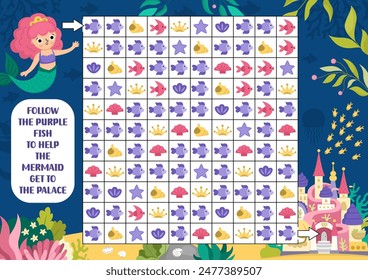 Mermaid maze, seek and find game with seashells, crown. Attention skills puzzle. Marine printable activity for kids. Logical searching puzzle. Follow purple fish to help sea princess get to castle
